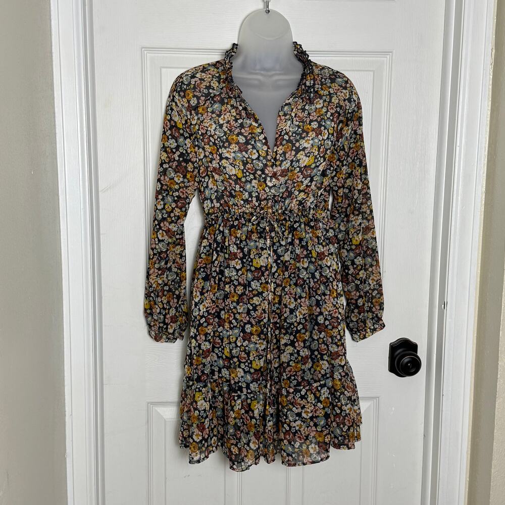 Zara Floral Chiffon Mini Dress Drawstring Waist Tiered Boho Long Sleeve